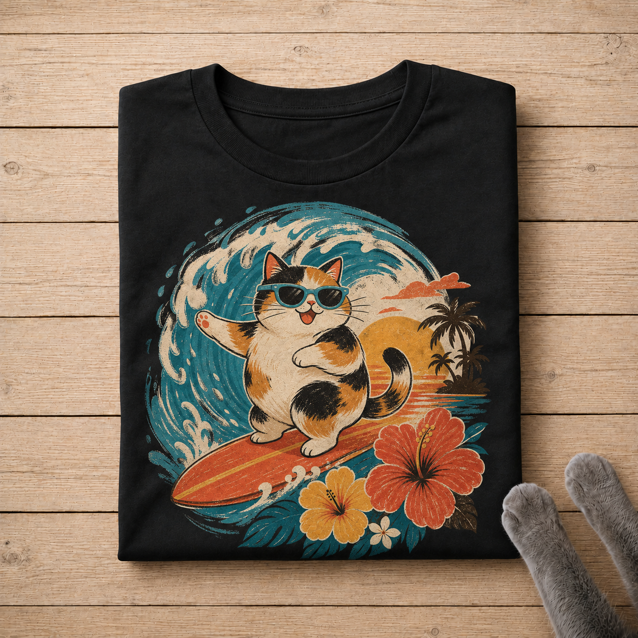 Surfing Cat Shirt | Funny Tropical Cat Beach Graphic Tee