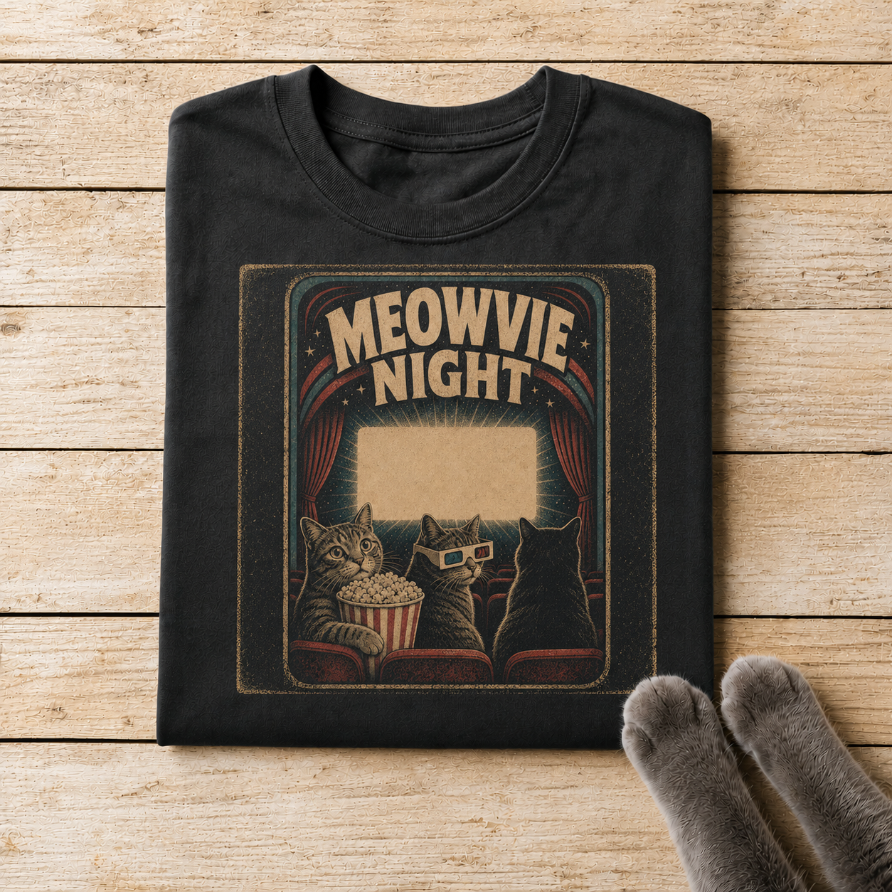 Meowvie Night Cat Shirt – Retro Movie Theatre Cat Graphic Tee