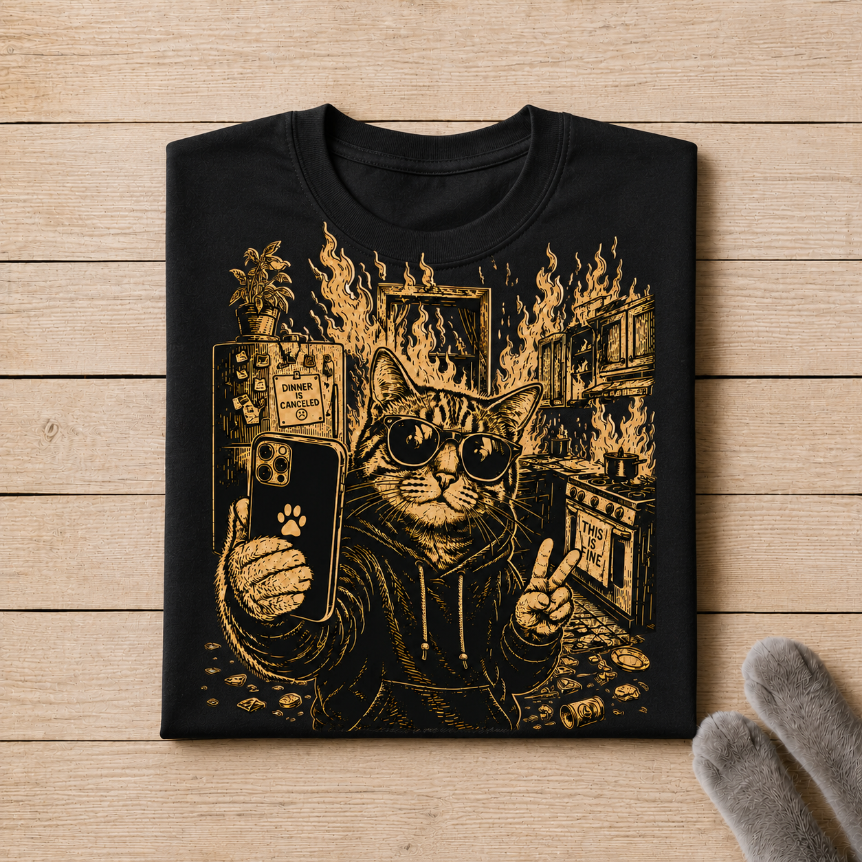 Cat Fire Selfie Graphic T-Shirt - Streetwear Tee