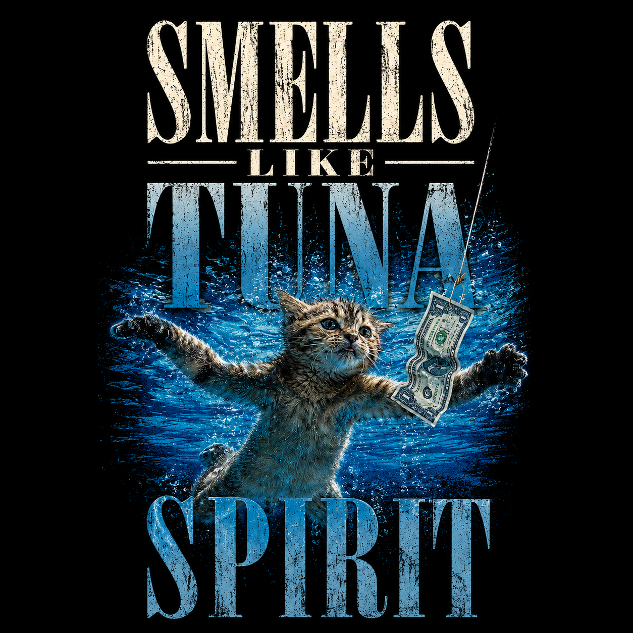 Smells Like Tuna Spirit Cat T-Shirt – Funny Grunge Fishing Cat Graphic Tee