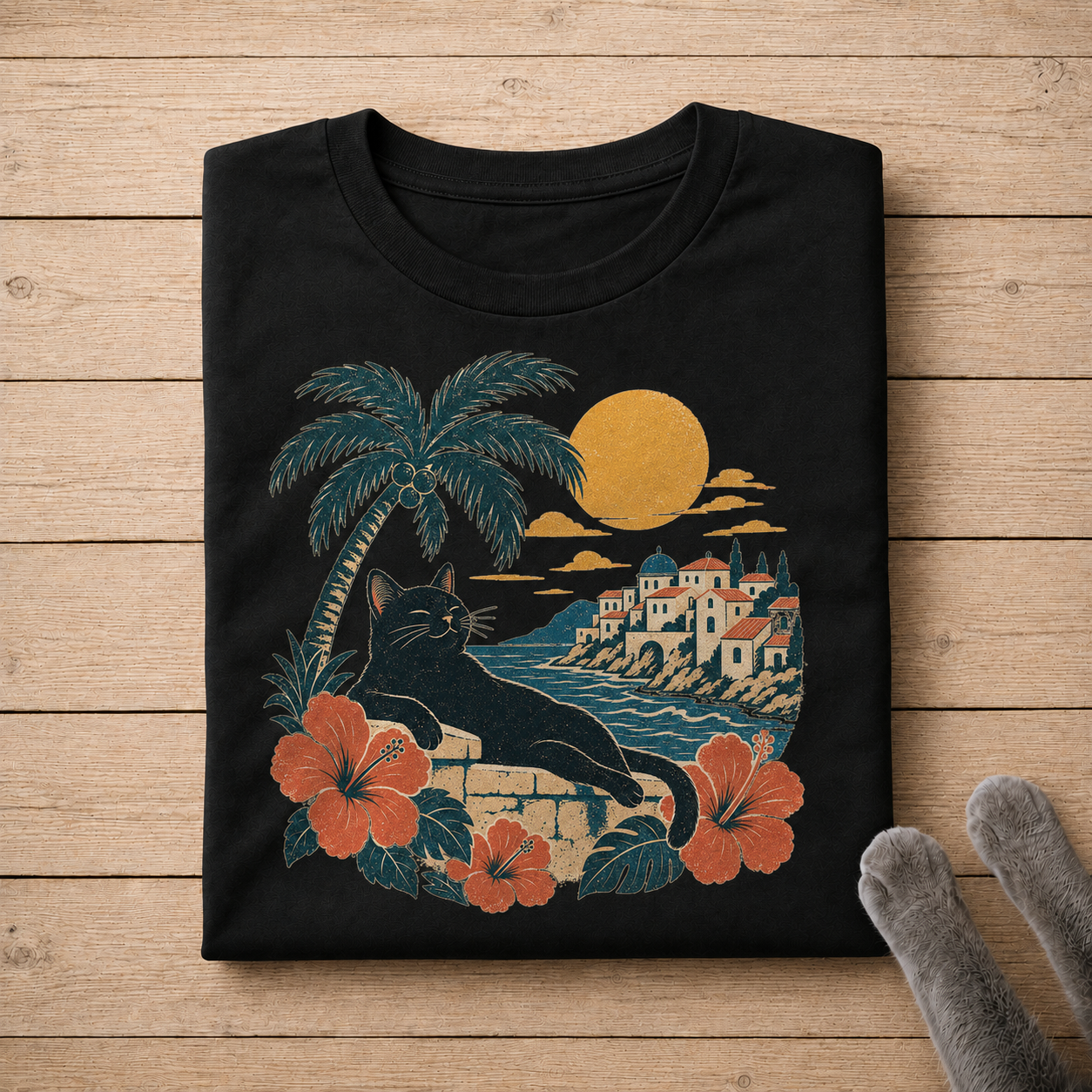 Mediterranean Black Cat Shirt | Tropical Cat Vacation Graphic Tee