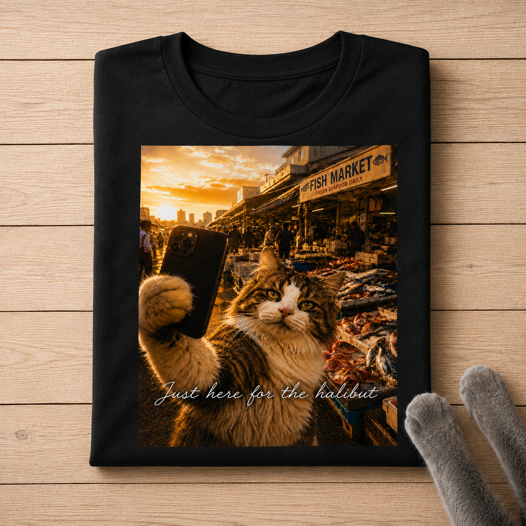 Funny Cat Fish Market T-Shirt | “Just Here for the Halibut” Cat Selfie Tee