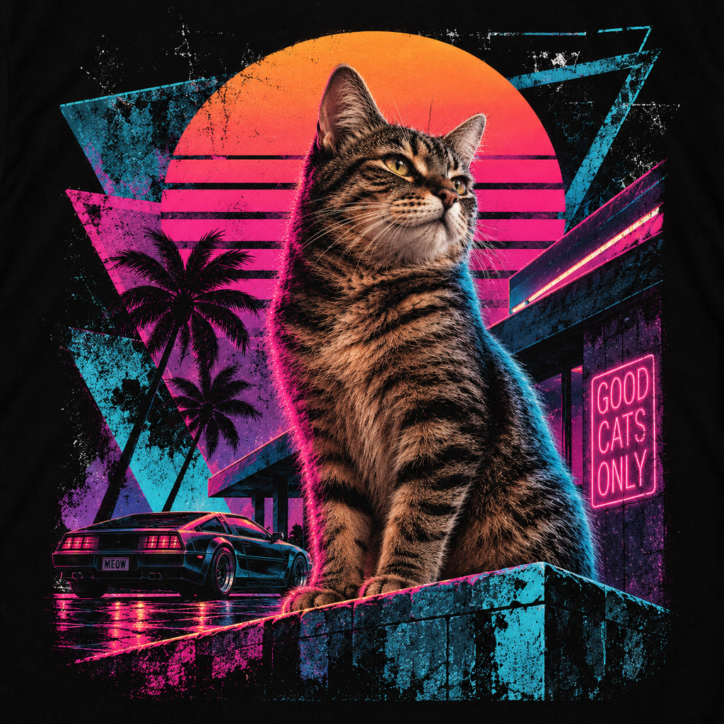 80s Miami Synthwave Cat Graphic T-Shirt