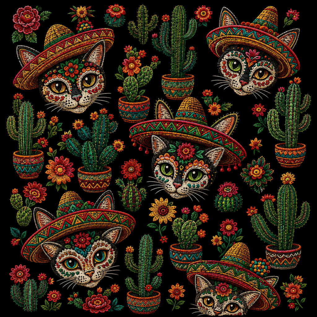 Fiesta Cats & Cactus Shirt – Colorful Día de los Muertos Inspired Cat T-Shirt