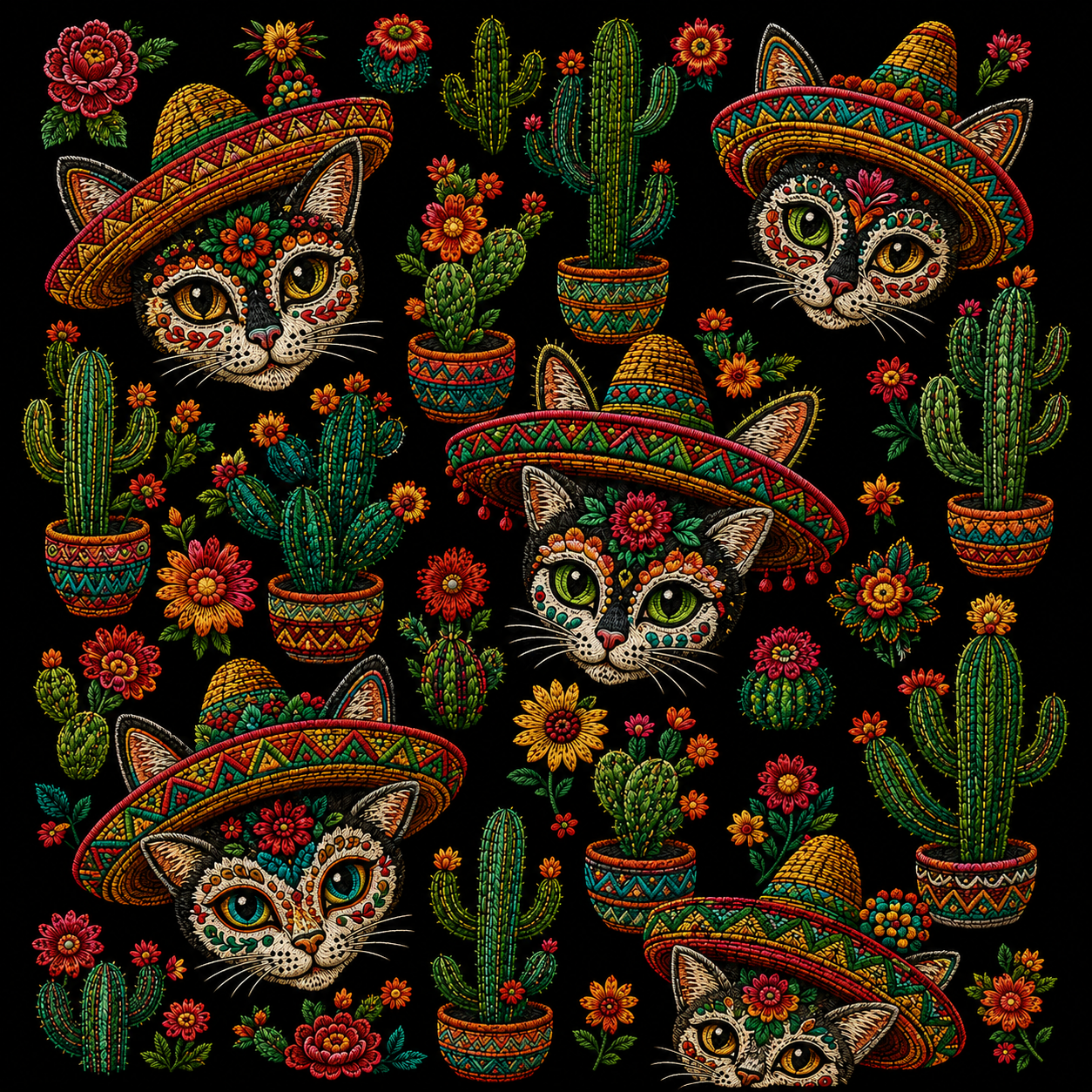 Fiesta Cats & Cactus Shirt – Colorful Día de los Muertos Inspired Cat T-Shirt