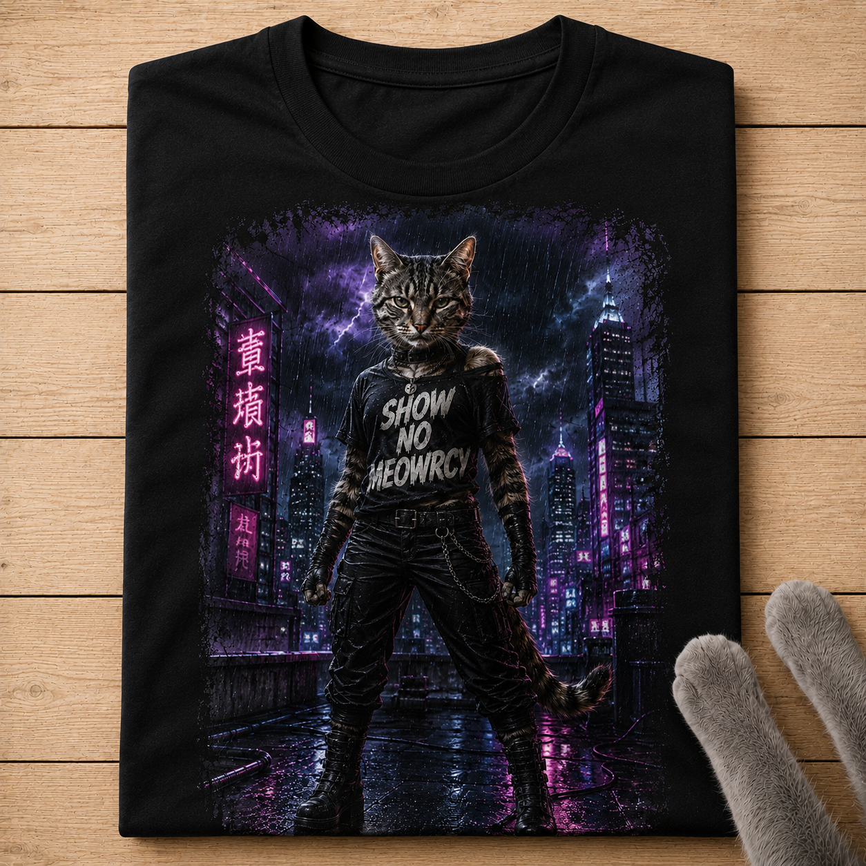 Show No Meowrcy Cat Shirt | Cyberpunk Cat Graphic Tee for Women