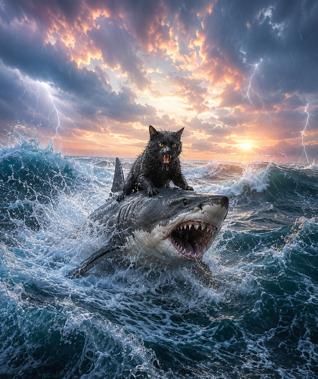 Storm Cat Shark Rider T-Shirt | Funny Cat Ocean Adventure Tee