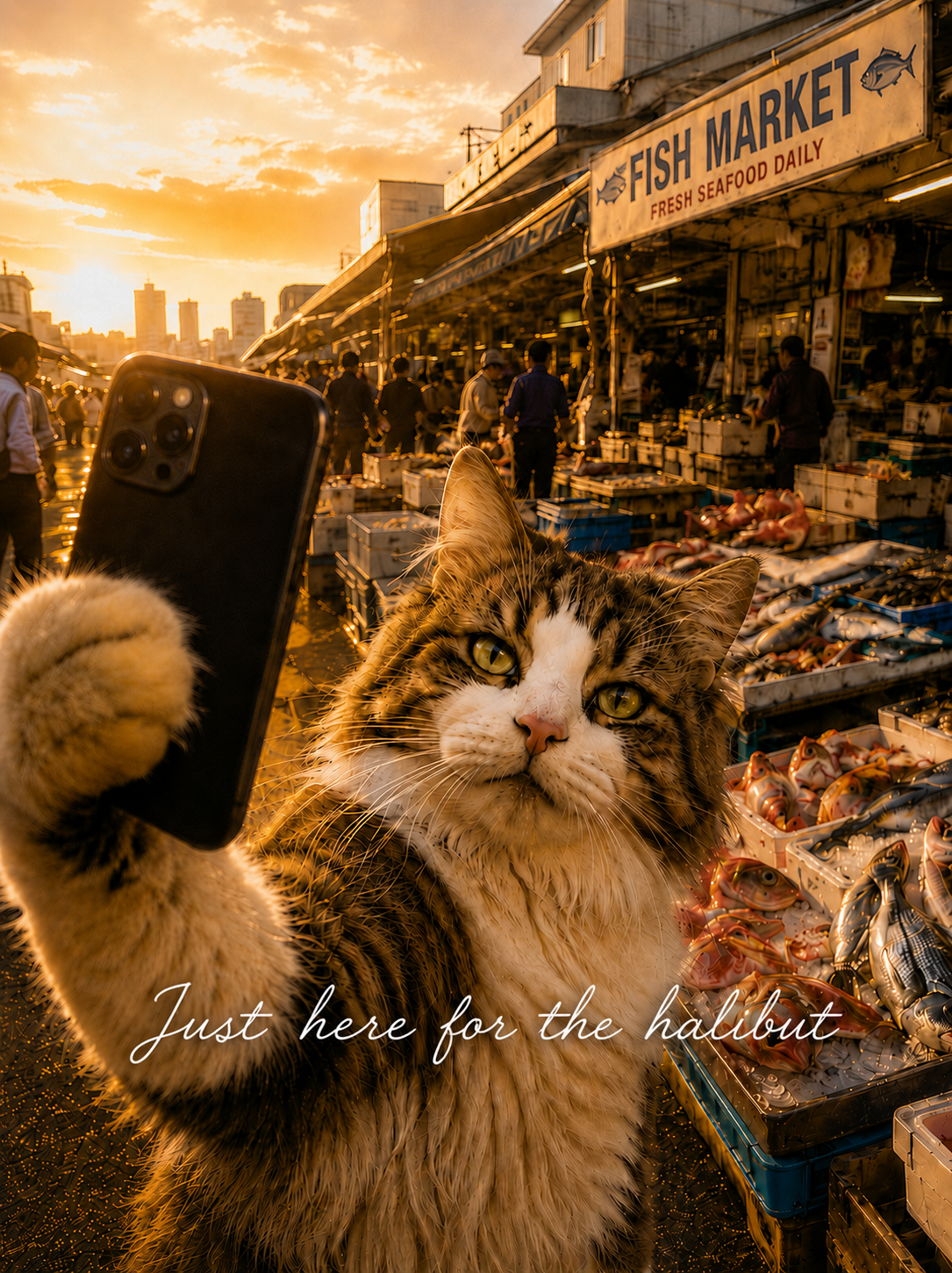 Funny Cat Fish Market T-Shirt | “Just Here for the Halibut” Cat Selfie Tee