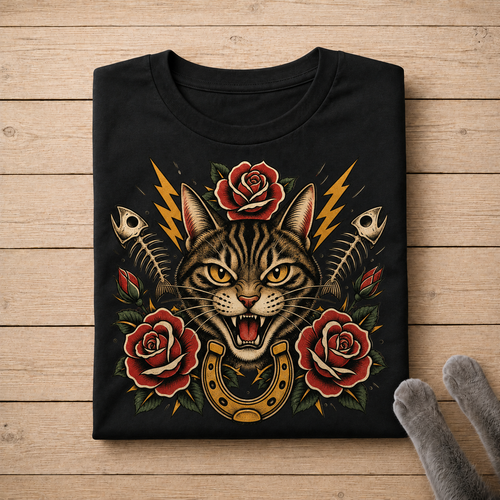 Fierce Tabby Cat Tattoo Shirt – Roses, Fish Bones & Horseshoe Graphic Tee