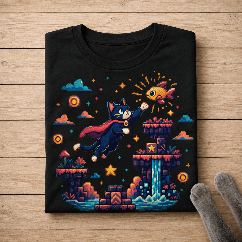 Pixel Art Superhero Cat Shirt – Retro Gaming Cat & Golden Fish Graphic Tee