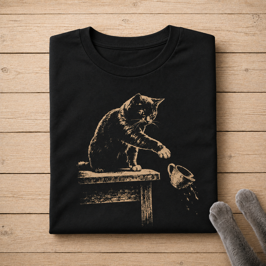 Vintage Cat Mischief T-Shirt | Funny Cat Pushing Cup Tee