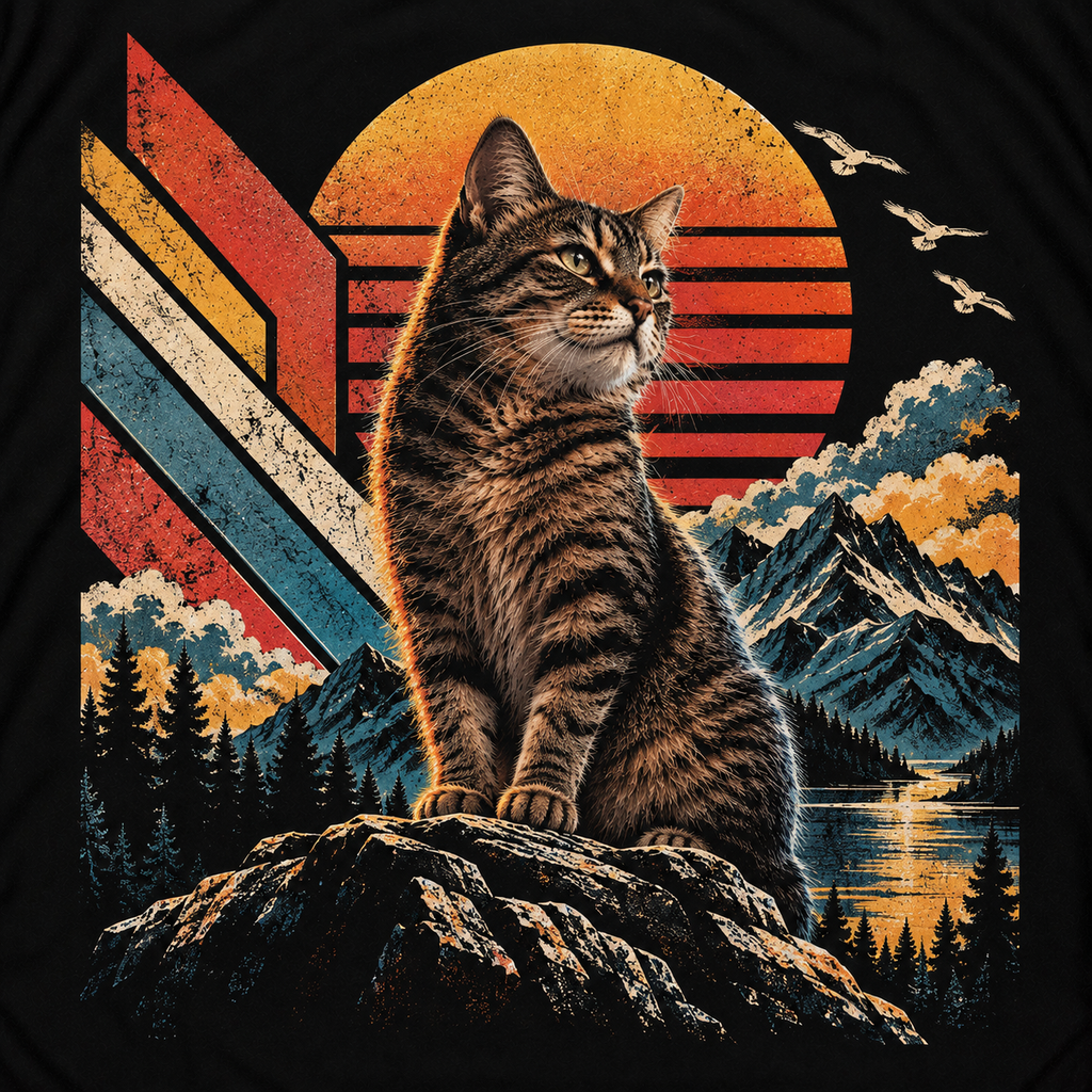 Retro Wilderness Cat – 80s Mountain Sunset T-Shirt Design