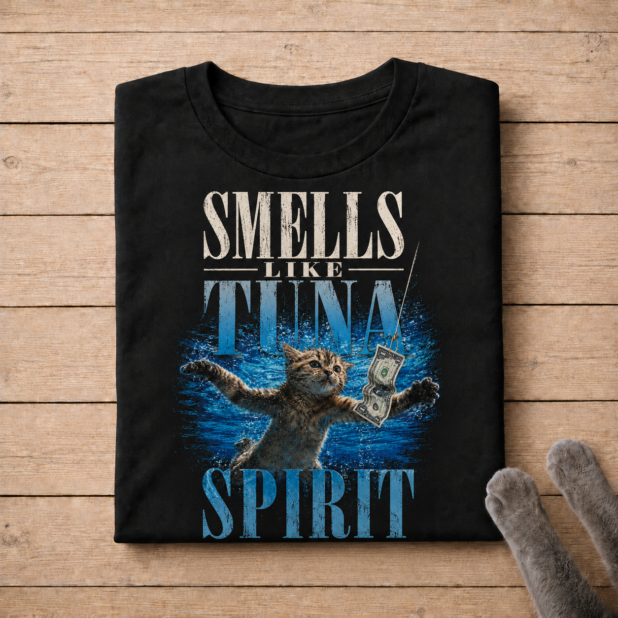Smells Like Tuna Spirit Cat T-Shirt – Funny Grunge Fishing Cat Graphic Tee