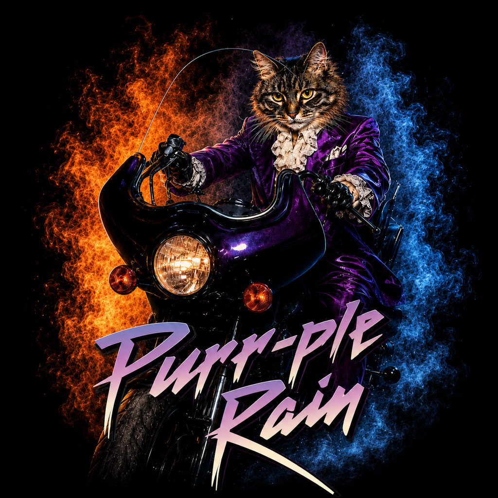 Purr-ple Rain Cat T-Shirt – Funny Purple Rock Cat Graphic Tee