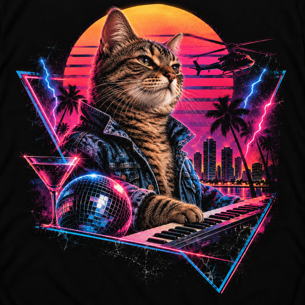 Miami Synthwave Cat – 80s Retro Music T-Shirt Design