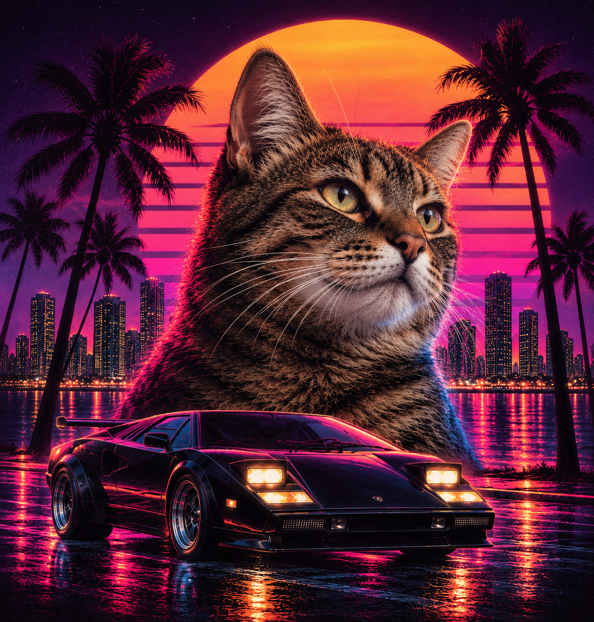 80s Miami Synthwave Cat Graphic T-Shirt