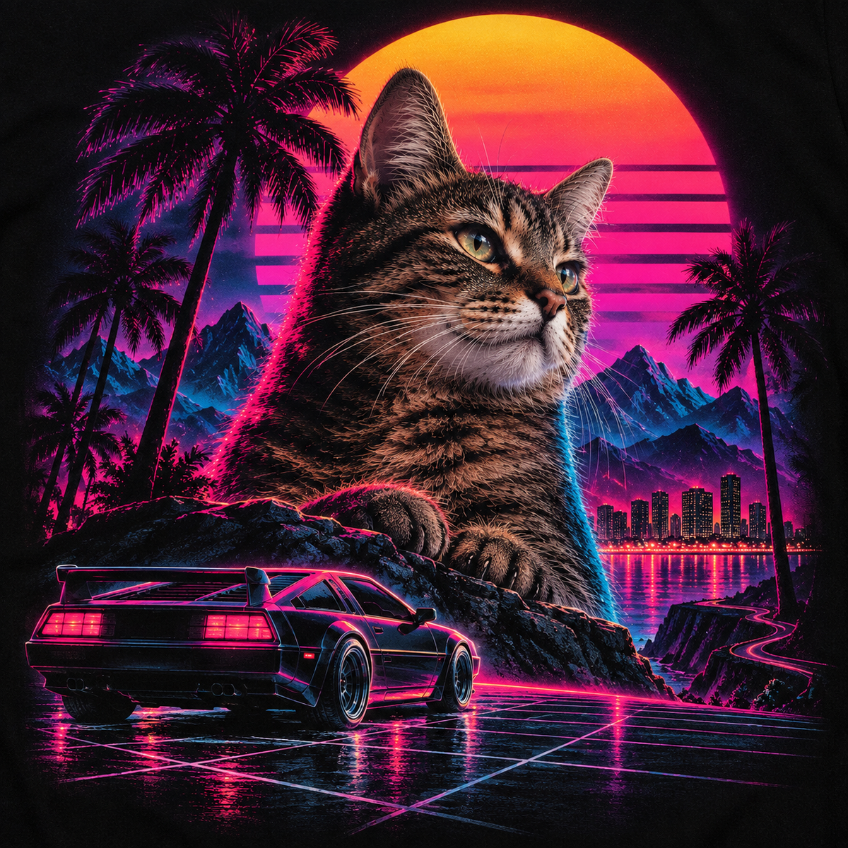 Retro Miami Cat and Sports Car – 80s Synthwave T-Shirt Design