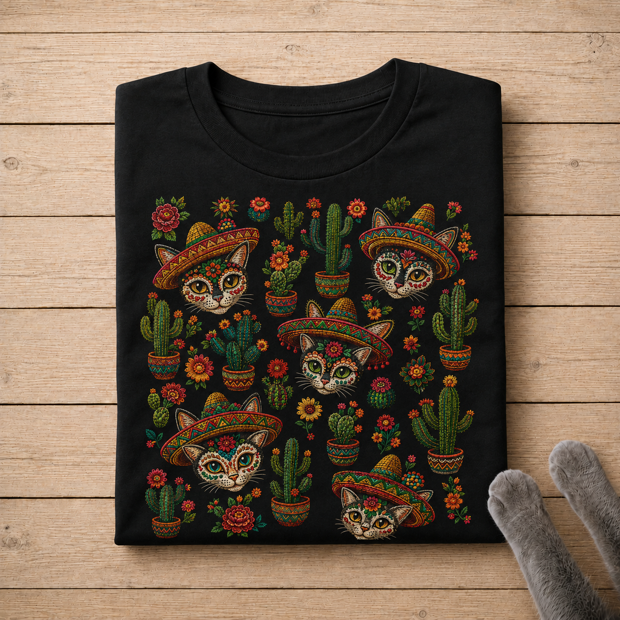 Fiesta Cats & Cactus Shirt – Colorful Día de los Muertos Inspired Cat T-Shirt