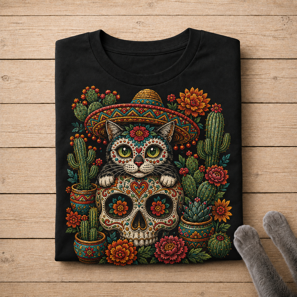 Day of the Dead Cat Shirt – Colorful Sugar Skull, Sombrero & Cactus Graphic Tee