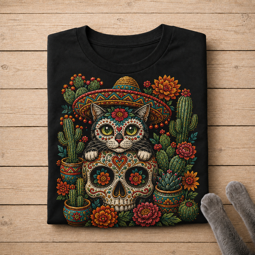 Day of the Dead Cat Shirt – Colorful Sugar Skull, Sombrero & Cactus Graphic Tee