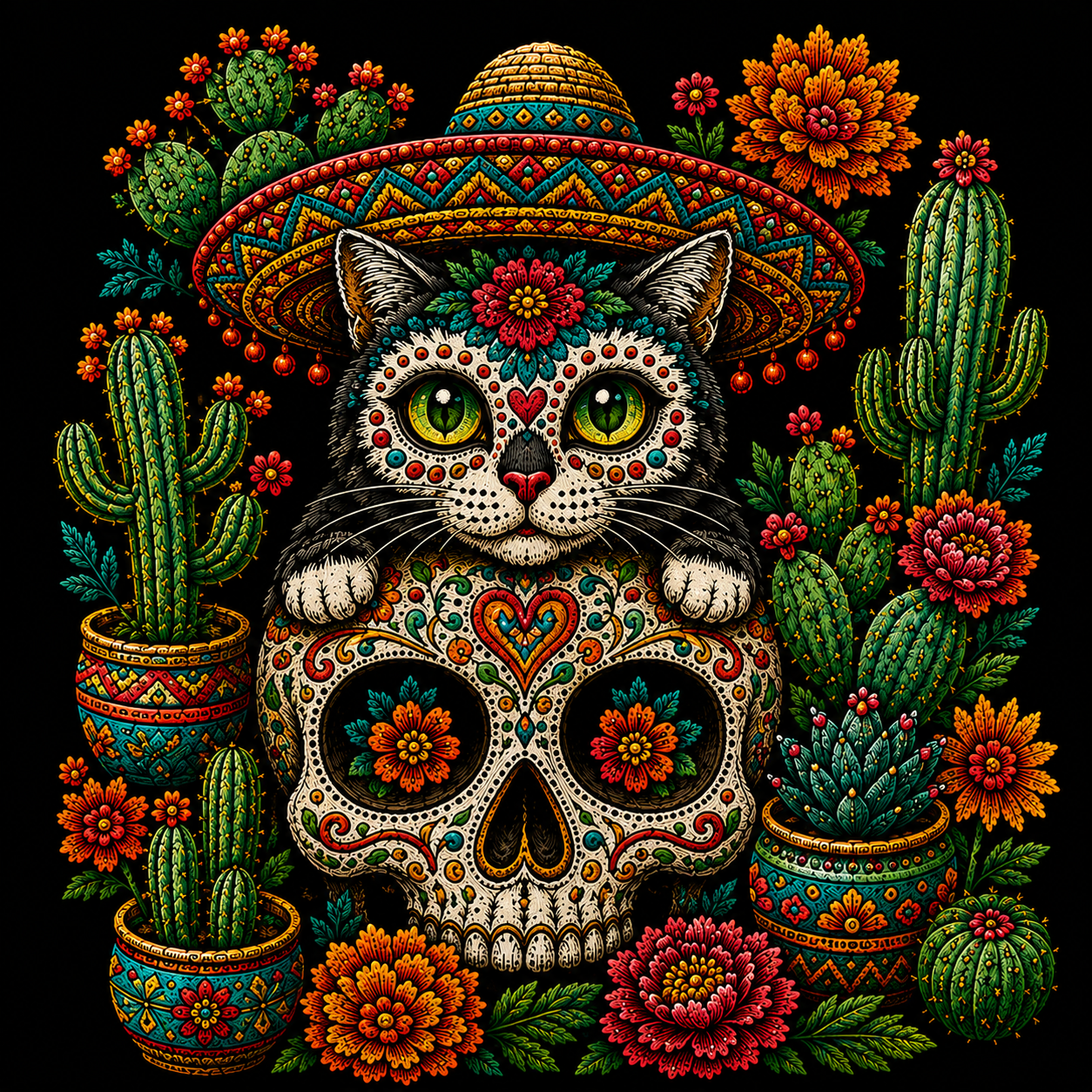 Day of the Dead Cat Shirt – Colorful Sugar Skull, Sombrero & Cactus Graphic Tee