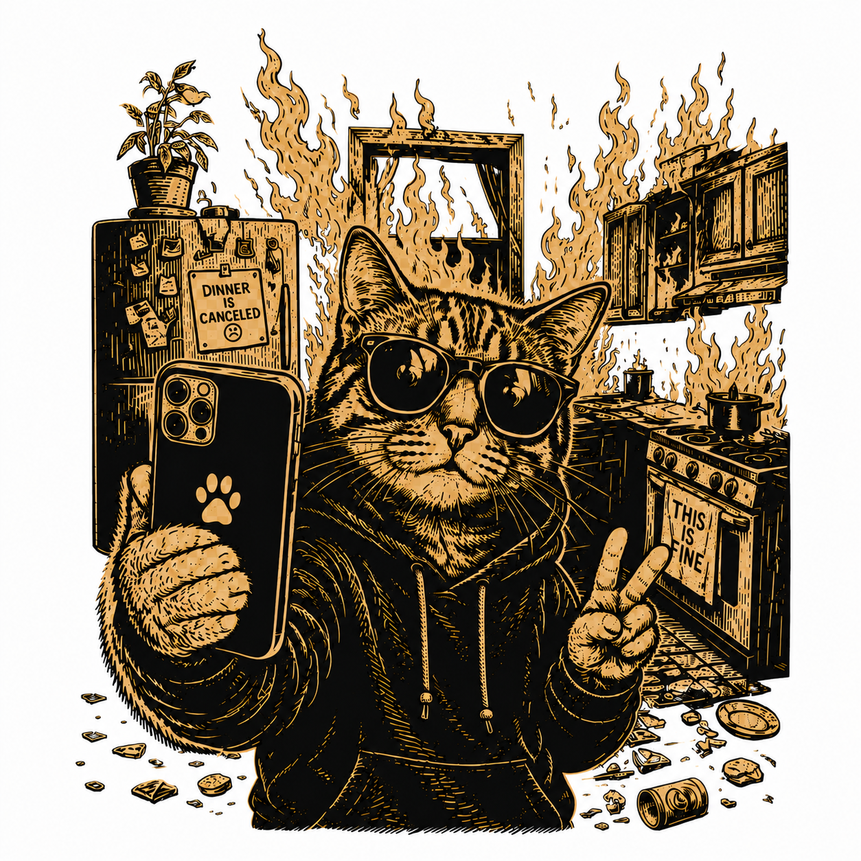 Cat Fire Selfie Graphic T-Shirt - Streetwear Tee