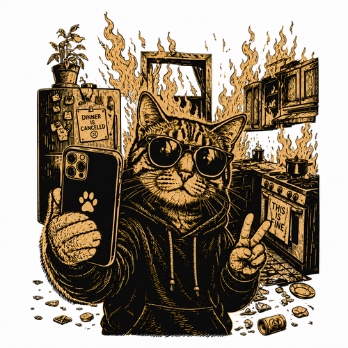 Cat Fire Selfie Graphic T-Shirt - Streetwear Tee