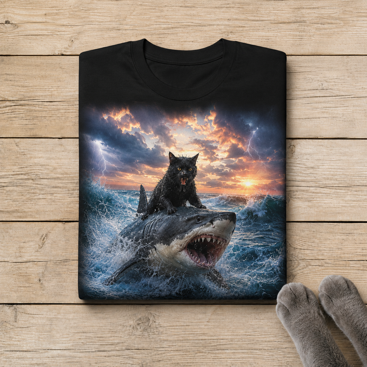 Storm Cat Shark Rider T-Shirt | Funny Cat Ocean Adventure Tee