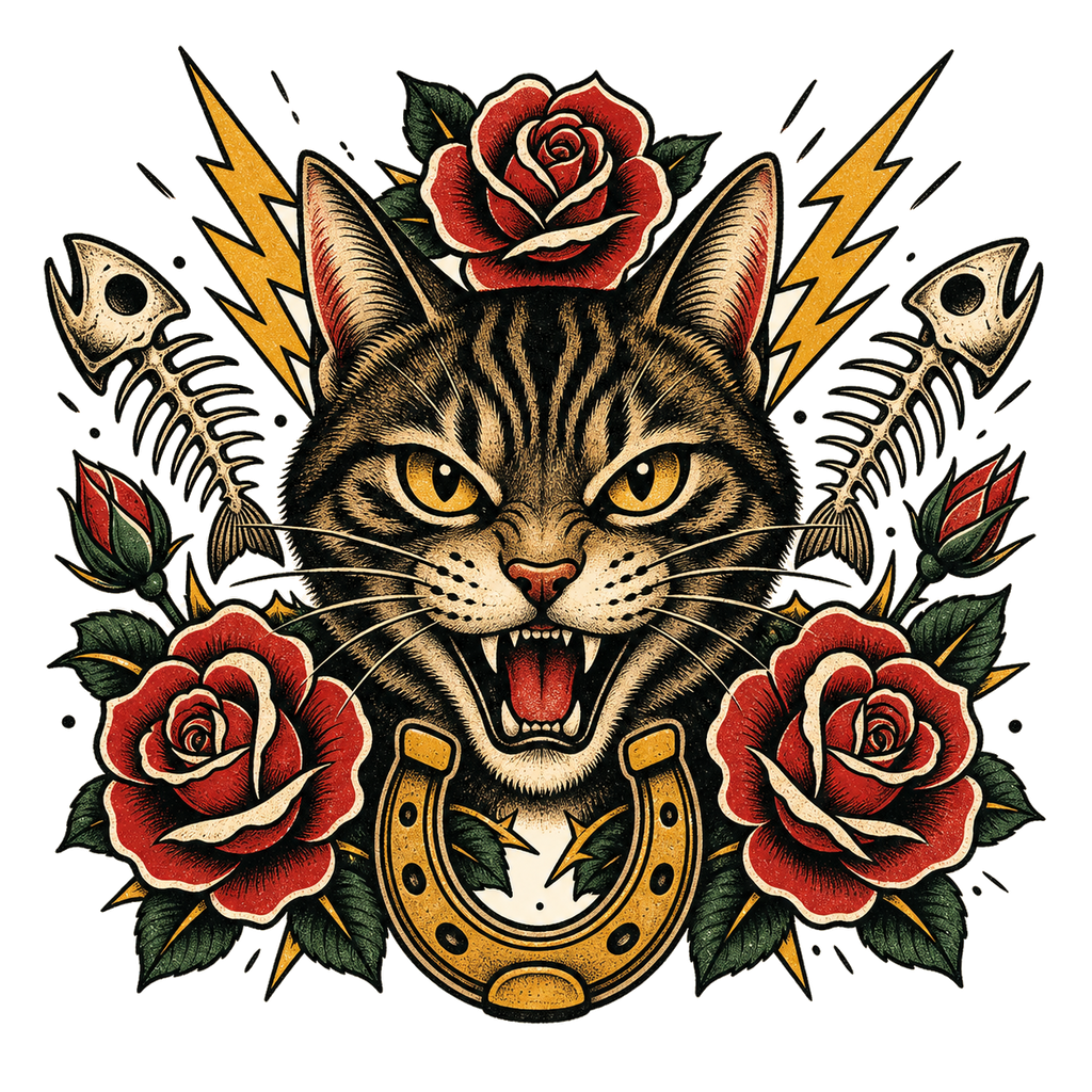 Fierce Tabby Cat Tattoo Shirt – Roses, Fish Bones & Horseshoe Graphic Tee