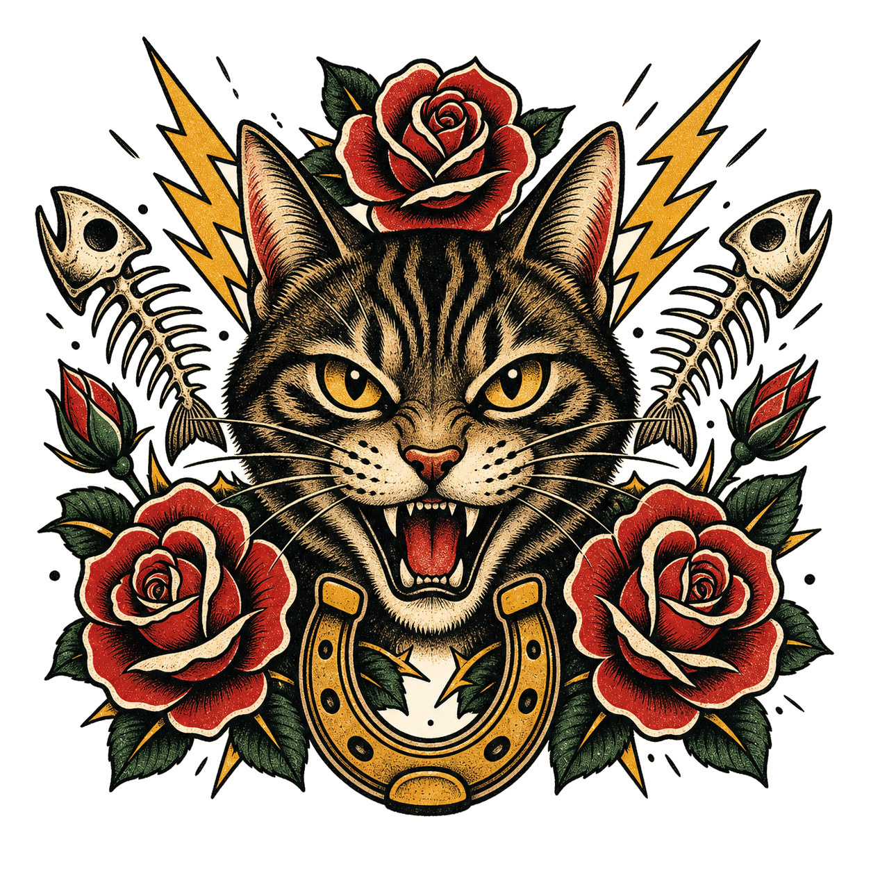 Fierce Tabby Cat Tattoo Shirt – Roses, Fish Bones & Horseshoe Graphic Tee