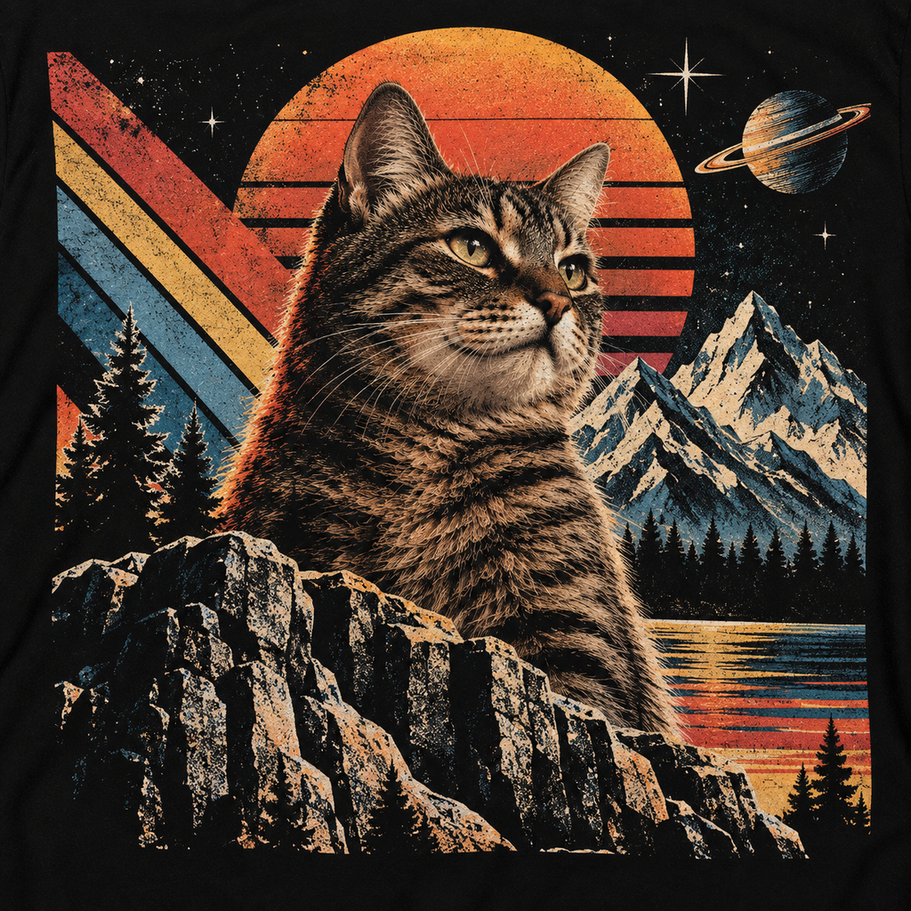 Retro Space Wilderness Cat – 80s Mountain T-Shirt Design