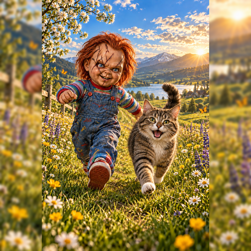 Stitched Horror Doll and Cat Adventure T-Shirt Design