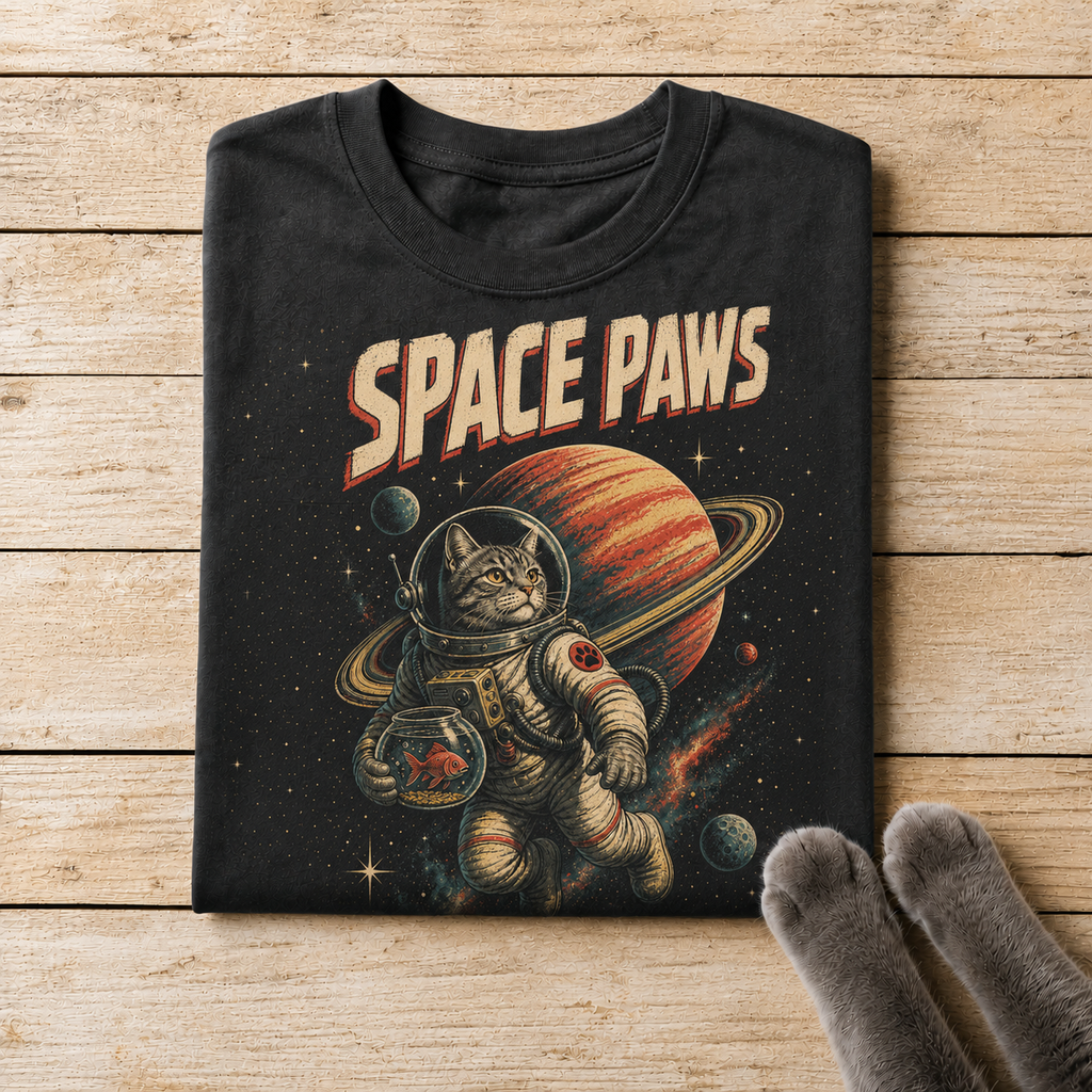 Space Paws Astronaut Cat Tee retro sci-fi cat graphic shirt product image
