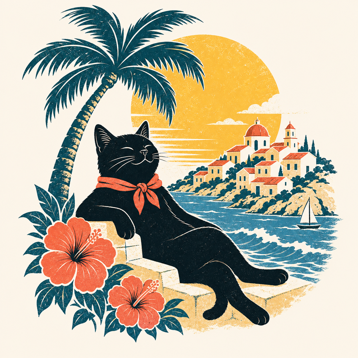 Mediterranean Black Cat Shirt | Tropical Cat Vacation Graphic Tee