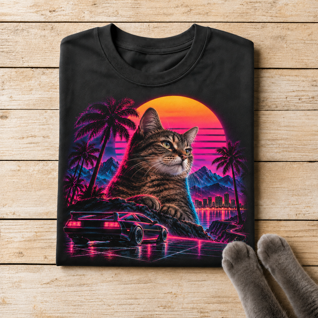 Retro Miami Cat and Sports Car – 80s Synthwave T-Shirt Design