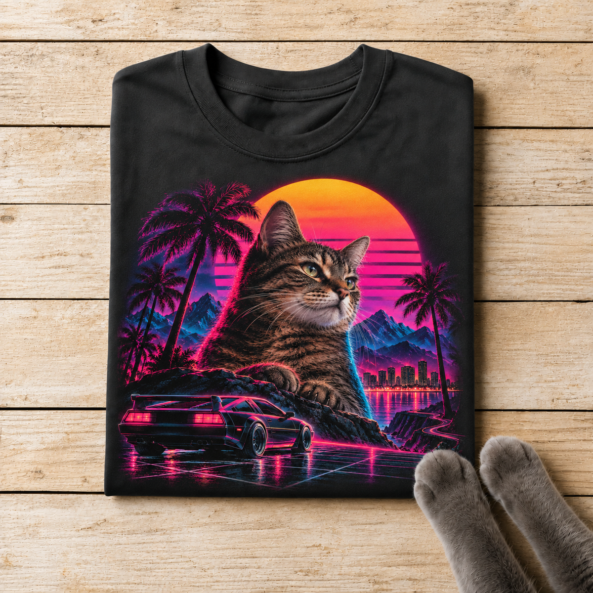 Retro Miami Cat and Sports Car – 80s Synthwave T-Shirt Design