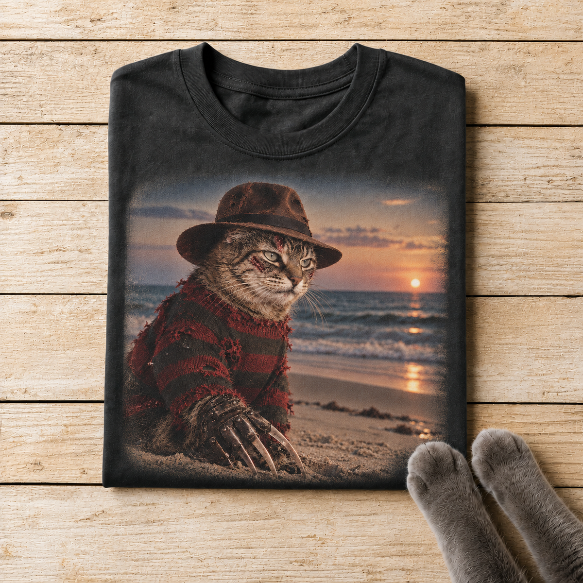 Distressed Fedora Cat Beach Horror T-Shirt Design