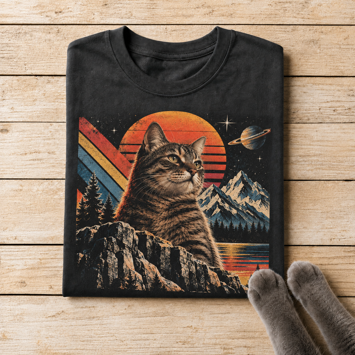Retro Space Wilderness Cat – 80s Mountain T-Shirt Design