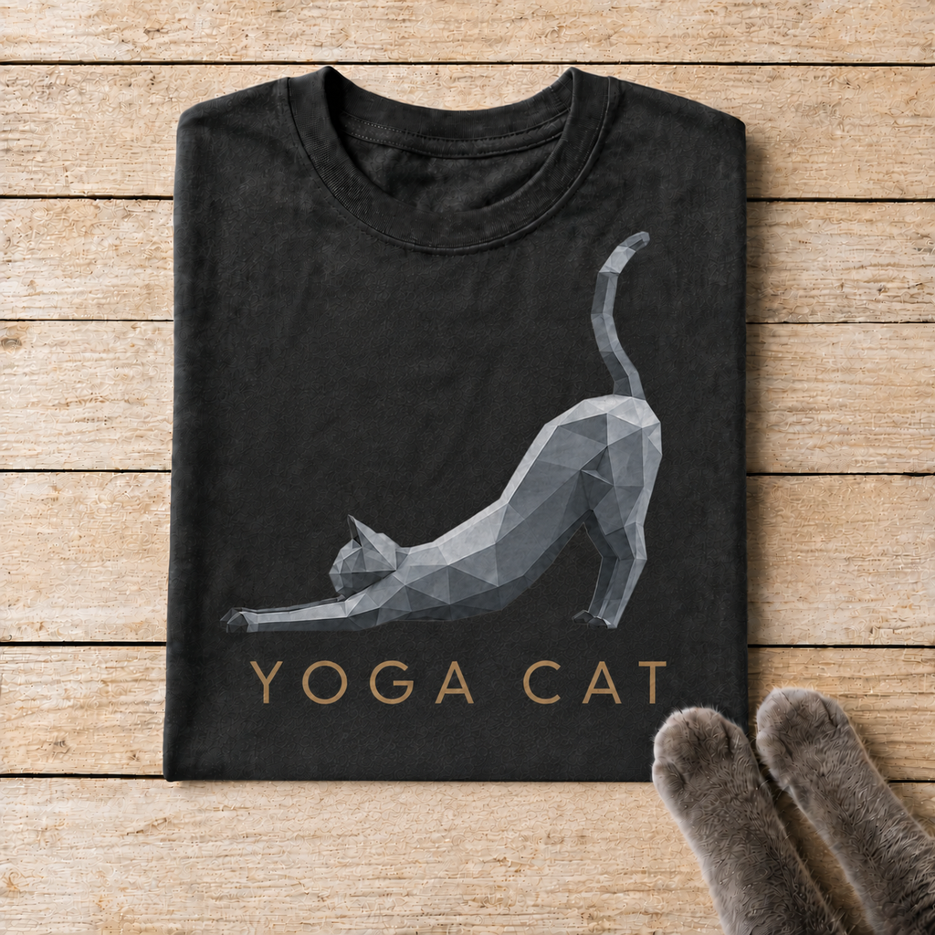 Russian Blue Yoga Cat T-Shirt – Minimalist Low-Poly Cat Shirt