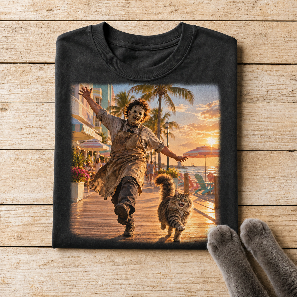 Stitched Horror and Cat Adventure T-Shirt Design