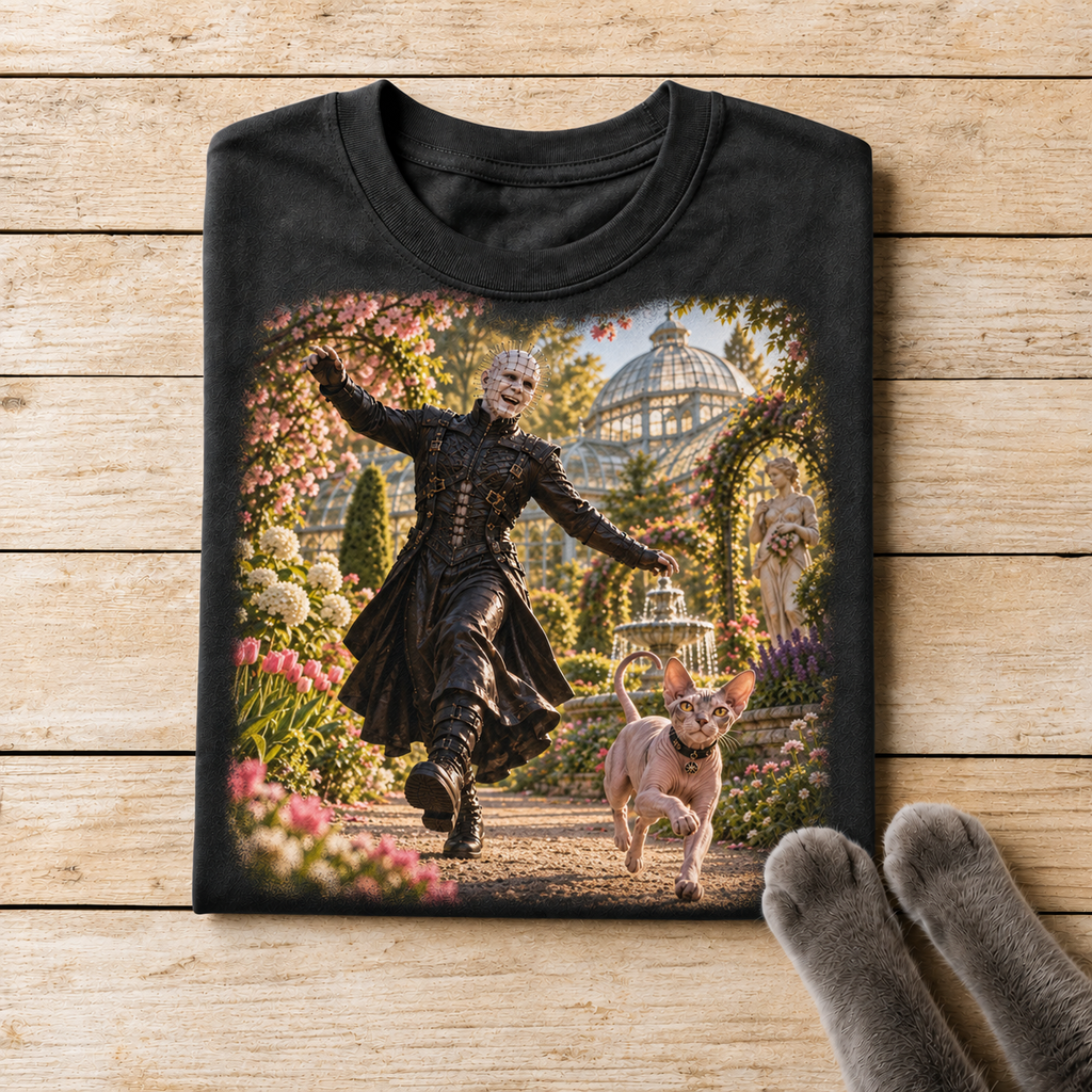 Pinhead-Inspired Horror Character and Sphynx Cat Garden T-Shirt Design