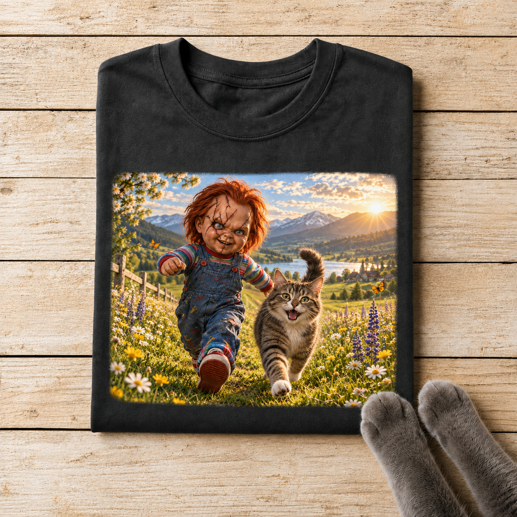 Stitched Horror Doll and Cat Adventure T-Shirt Design