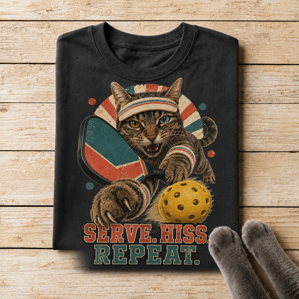 Serve Hiss Repeat Pickleball Cat T-Shirt – Funny Retro Shirt for Cat Lovers