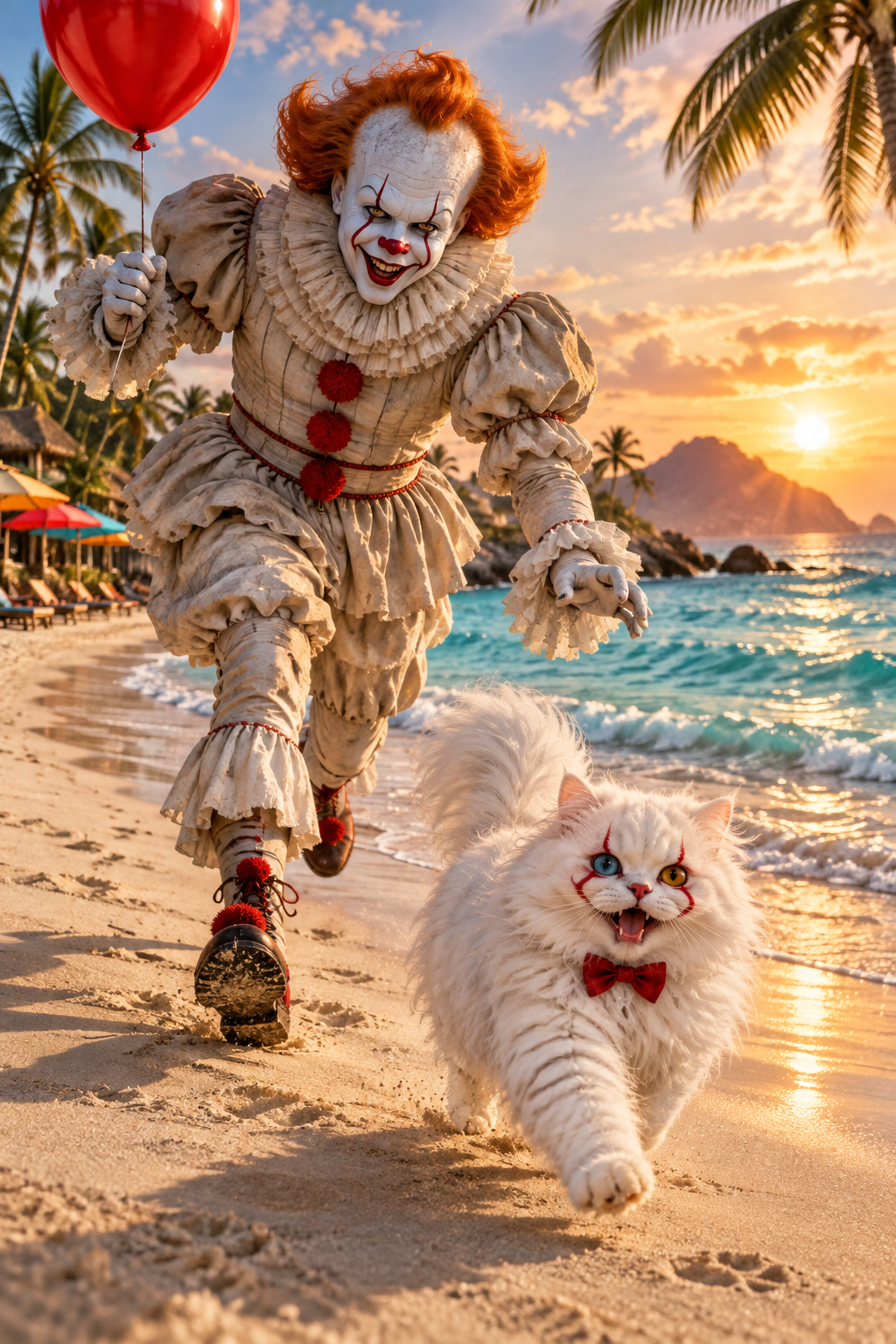 Tropical Clown and White Cat Beach Adventure T-Shirt Design