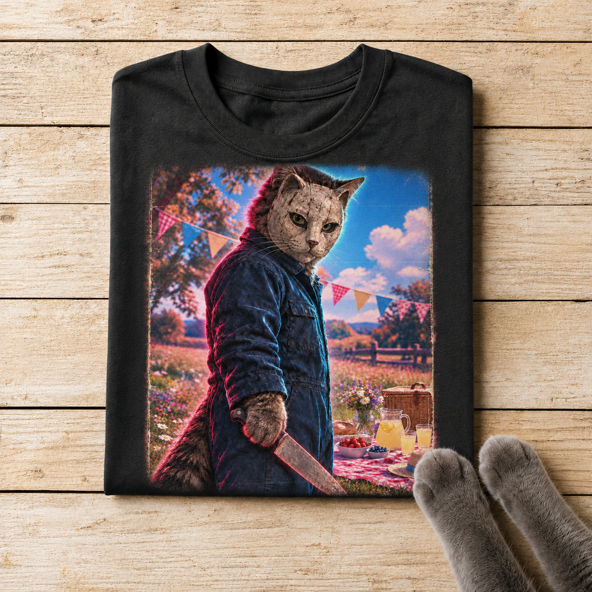 Masked Cat Knife Picnic T-Shirt Design