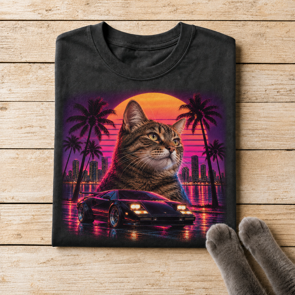 80s Miami Synthwave Cat Graphic T-Shirt