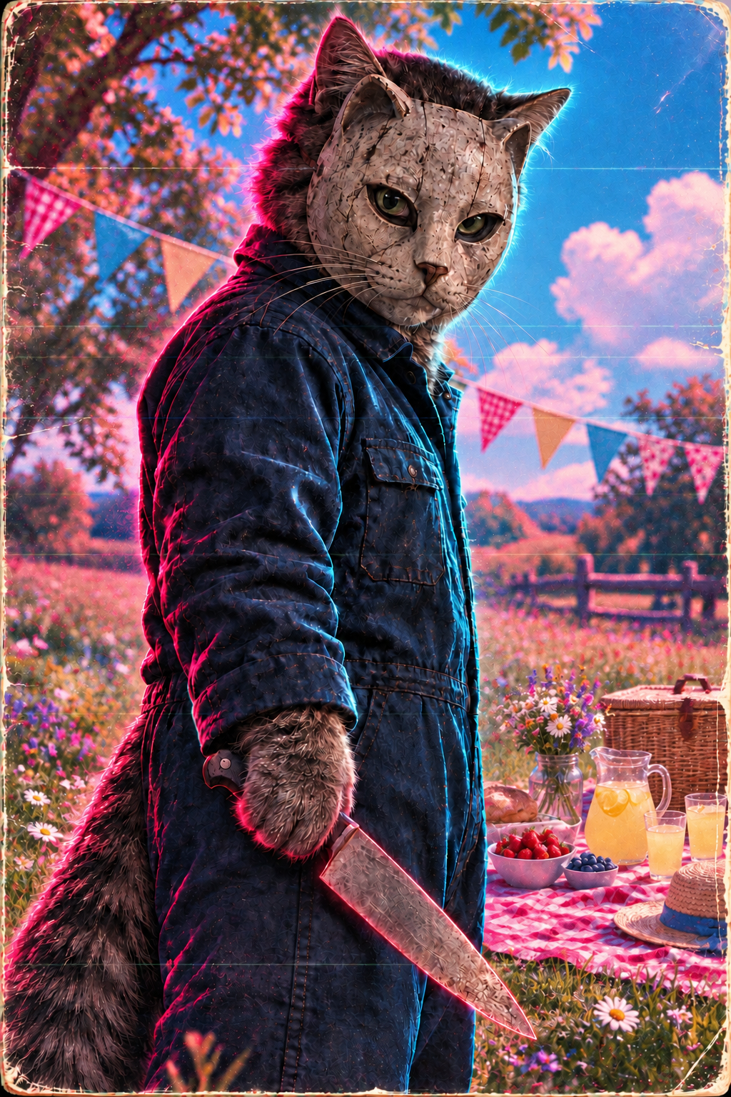 Masked Cat Knife Picnic T-Shirt Design