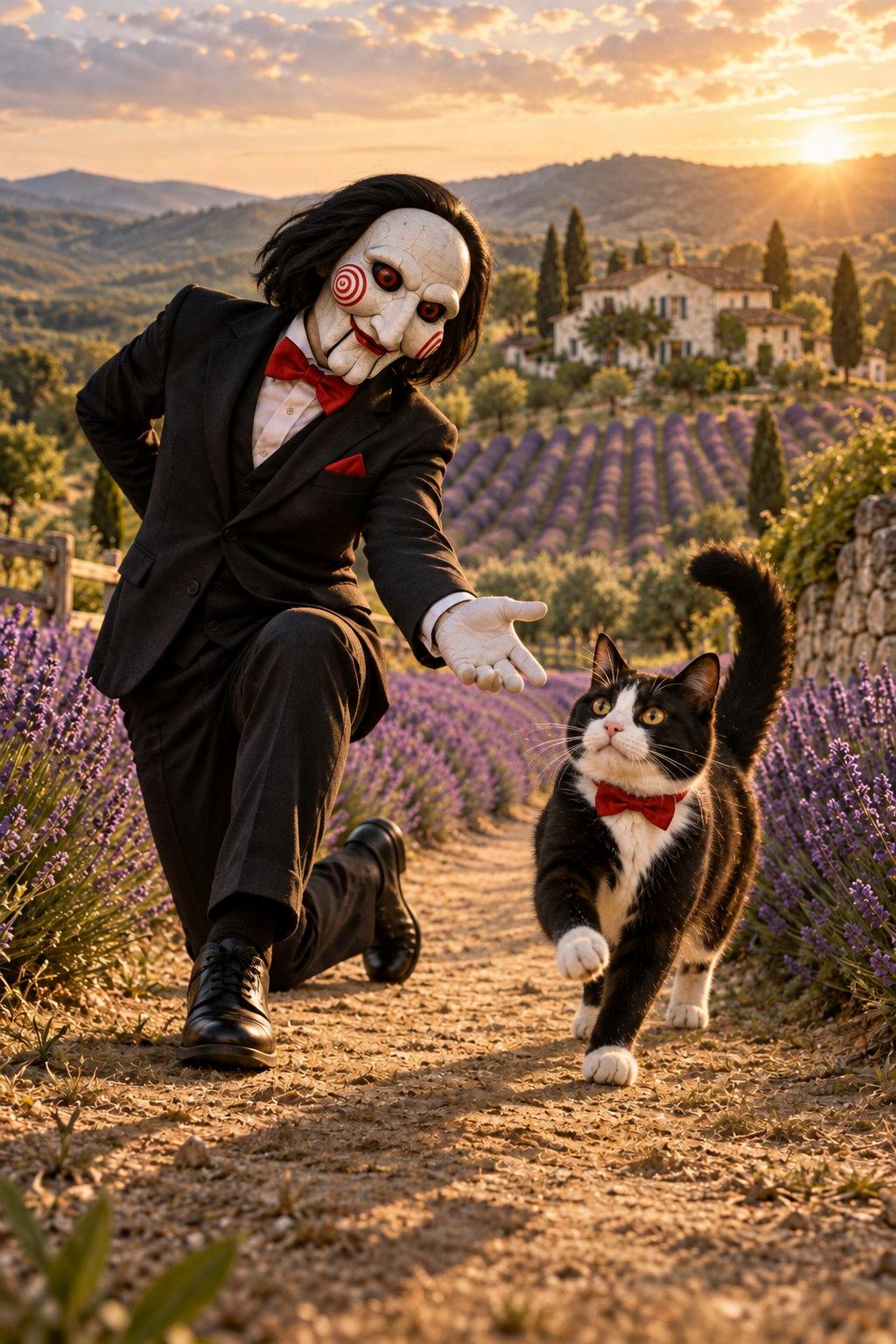 Masked Doll and Tuxedo Cat Lavender Field T-Shirt Design