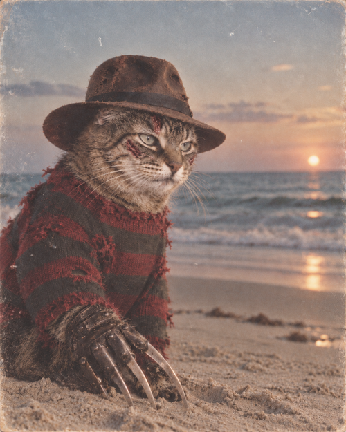 Distressed Fedora Cat Beach Horror T-Shirt Design