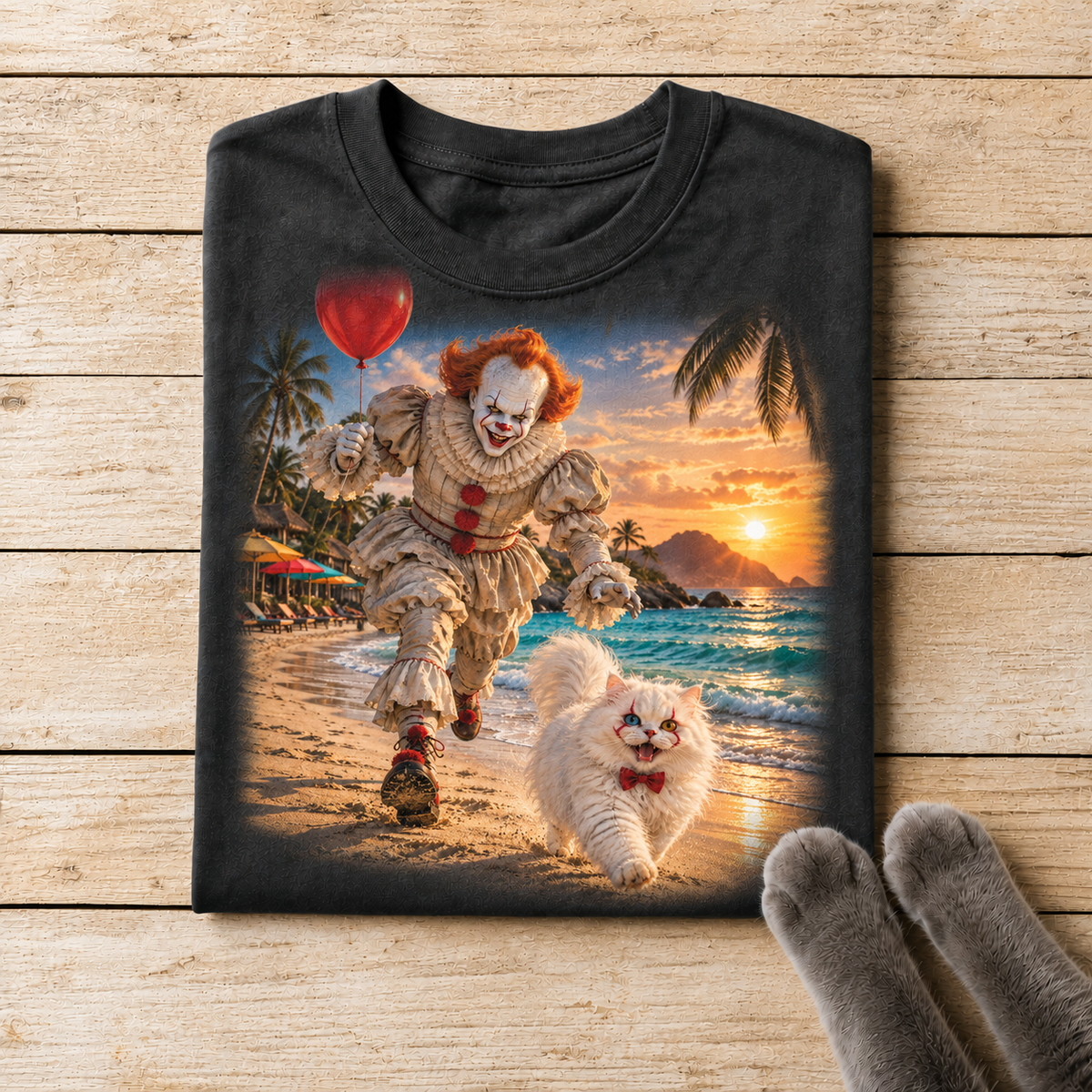 Tropical Clown and White Cat Beach Adventure T-Shirt Design